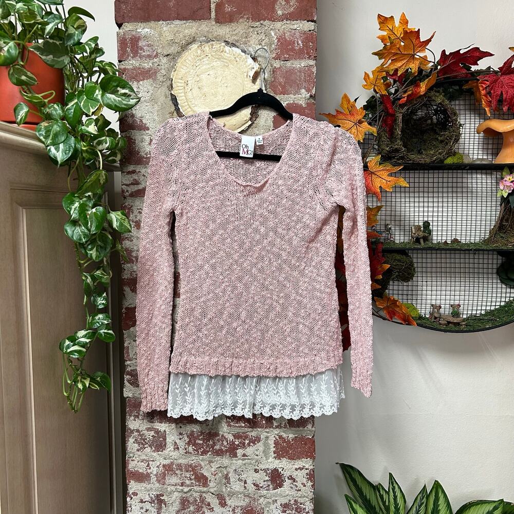 Y2K Pink Knit and Lace Trim Sweater Small